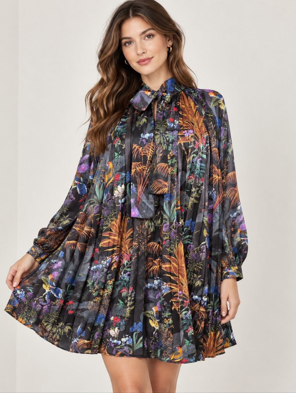 Beulah Style One Size Pleated Tropical Bird Floral Bow Tie Mini Dress